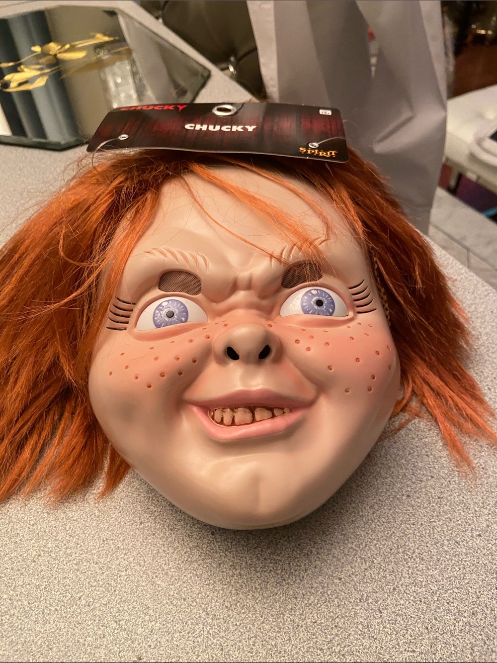 Spirit Chucky Mask with Bright Orange Hair and Pale Face